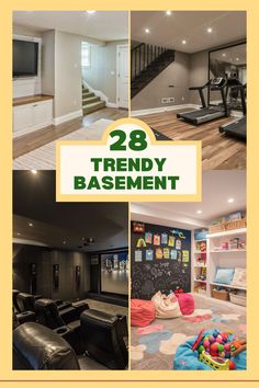 Four images depicting trendy basement designs. The top left shows a welcoming living area with a TV set on the wall and wooden accents. The top right highlights a home gym with a treadmill against a mirrored wall. The bottom left features an upscale home theater with plush seating and a large screen displaying a city skyline. The bottom right showcases a playful children’s area with colorful bean bags, a chalkboard wall, and nearby shelves filled with toys, highlighted Modern Cottage Basement, Basement Family Room Inspiration, Walkout Basement Interior Design, Ideas For Finishing Basement, Finished Basement Tv Wall, Paint Colors For Finished Basement, Walk Out Basement Design, Open Basement Bedroom Ideas, Family Rec Room Basement