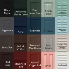 different colors of doors and shutters with names in each color, including black, white, red, blue, green, brown