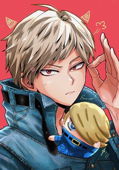 an anime character with blonde hair and blue jacket holding his hand up to his face