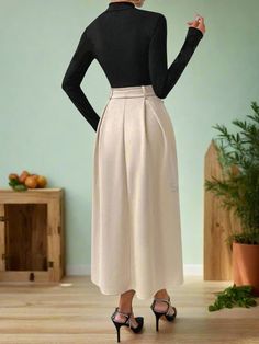 Chic and Classy: Two-Tone Button Detail Belted Dress Elegant Beige Dress With Belt, Chic Solid Color Dress With Belt, Chic Solid Dresses With Belt, Beige Pleated Dress For Formal Occasions, Beige Formal Dress With Pleated Skirt, Elegant Beige Office Wear Dress, Chic Solid Color Dress For Office Wear, Chic Solid Color Office Dress, Chic Solid Color Workwear Dresses