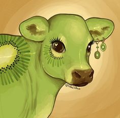 a painting of a green cow with earrings on it's ear