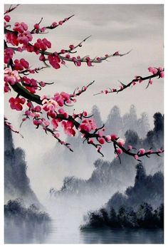 a painting of pink flowers on a tree branch in front of foggy mountains and water