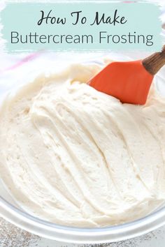 how to make buttercream frosting on a white plate with a red spatula