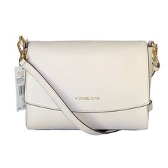 Michael Michael Kors Ellis Medium Flap Messenger Bag - Color: Light Cream - Removable/Adjustable 18”-22” Crossbody Strap - Gold-Tone Hardware - Size: Approx 9”W X 7”H X 3.25”D - Exterior Details: One Back Slip Pocket - Interior Details: Front And Back Back Large Slip Pockets, And Two Small Slip Pockets - Material: 100% Leather Exterior With Polyester Lining - Snap Flap Closure Smoke Free Home Elegant White Flap Bag, Elegant White Flap Shoulder Bag, White Flap Bag For Travel With Dust Bag, White Flap Bag With Detachable Strap, White Flap Bag With Detachable Handle, White Flap Bag With Detachable Strap For Travel, White Travel Shoulder Flap Bag, White Shoulder Flap Bag For Travel, White Shoulder Bag For Travel