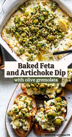 baked feta and artichoke dip with olive gremolata