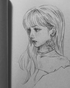 a pencil drawing of a girl with long hair and earrings on her neck, looking off to the side