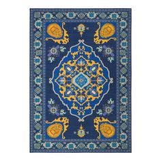 a blue and yellow rug with an ornate design on the center, surrounded by flowers