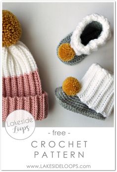 two crochet hats and booties are shown with the text free crochet pattern