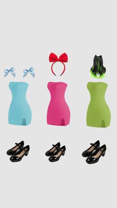 four different colored dresses and shoes with bows on the top one is blue, green, pink