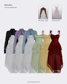 four different colored dresses are shown in the same color as each other, and one is wearing