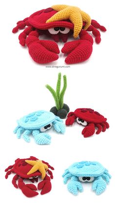 four crocheted crabs are shown in different colors and sizes, with one crab on the