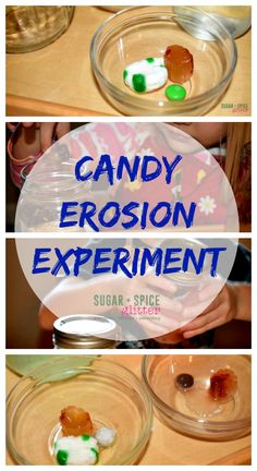 the process to make a candy explosion experiment is shown in three different pictures with text overlay