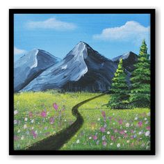 a painting of a mountain scene with a trail going through the grass and wildflowers