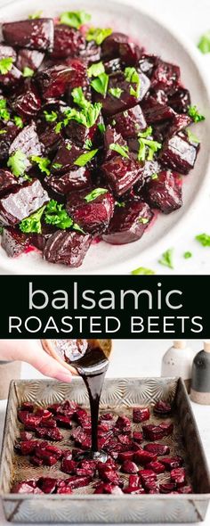 roasted beets in a baking dish being drizzled with balsamic