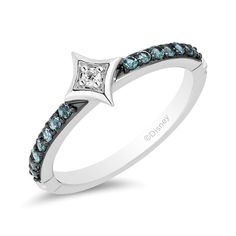 She'll adore the color inspired by Cinderella in this stackable gemstone ring from the Enchanted Disney Fine Jewelry Collection. Created in sterling silver, this charming little look showcases a star-like tilted square sparkling with a single diamond accent. Set in black rhodium plate, London blue topaz glisten along the shank atop crown insets. Throughout her story, Cinderella is kind. Find an inscription that matches her unique personality along the inside of the design. Polished to a bright s Stackable Gemstone Rings, Cinderella Blue, Enchanted Disney, Enchanted Disney Fine Jewelry, Disney Fine Jewelry, Star Ring, Topaz Stone, Black Rhodium, Fine Jewelry Collection