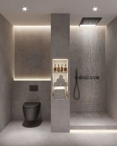 a bathroom with a shower, toilet and sink in the corner is lit by recessed lights