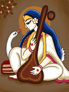 a woman sitting on the ground next to a white swan and holding a musical instrument