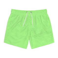 Men's swim shorts bright green!!  Nothing can swoosh down the summer heat like a dive into the sea - or into the nearest pool.  .: Material: 100% polyester .: Extra light fabric (3.54 oz/yd² (120 g/m .: Fast-dry fabric .: Mesh basket lining  .: Mesh-lined side pockets .: Printed care label inside .: Drawstring waist Solid Color Swim Trunks For Vacation, Solid Color Swim Trunks For Summer Beachwear, Green Swim Trunks For Summer Activities, Green Beachwear Swim Trunks For Summer Activities, Green Swim Trunks For Beach, Green Beachwear Swim Trunks For Summer, Green Summer Swim Trunks For Pool, Casual Solid Color Summer Swimwear, Solid Color Nylon Swimwear For Summer