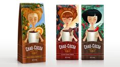 three different types of coffee packagings on a white background, each with an image of a woman holding a cup