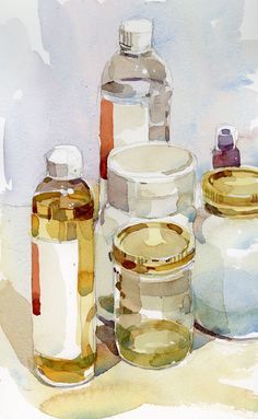 watercolor painting of bottles and containers on a table