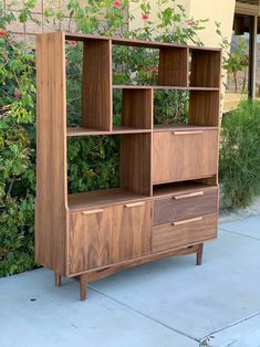 Mid Century Room Divider Dresser As Room Divider, Room Dividing Shelves, Bookshelf Divider Wall, Studio Divider, Bookcase Room Divider Ideas, Mid Century Modern Room Dividers, Shelf Partition, Mid Century Room Divider, Mid Century Wall Unit