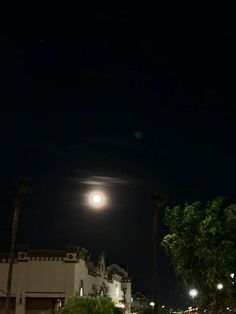 a full moon is seen above some buildings and palm trees in the dark night sky