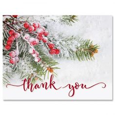 a christmas card with the words thank you written in red ink on snow covered branches