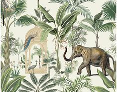 an elephant and giraffe are in the jungle with palm trees, birds, and other tropical plants