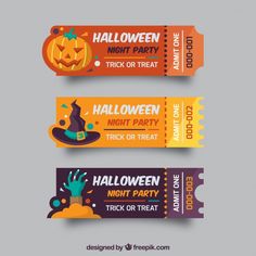 three colorful halloween tickets with pumpkins and witches on the front, one for trick or treat