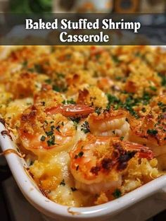 baked stuffed shrimp casserole in a white dish