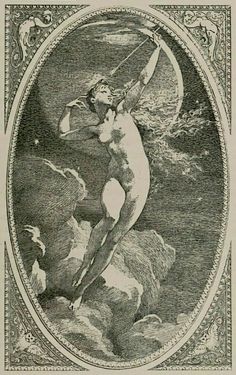 an old drawing of a naked woman holding a bow in her hands and standing on rocks