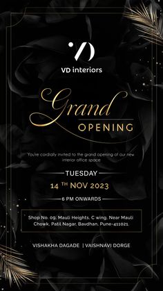 an elegant black and gold grand opening flyer