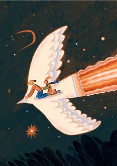 an illustration of a man riding on the back of a white bird with stars in the background