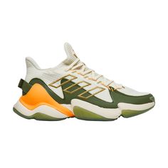 Find ADIDAS Mahomes 1 Impact Flx 'khaki on Editorialist. The Adidas Mahomes 1 Impact FLX ‘Khaki Green’ delivers a cross-training shoe designed for the star NFL quarterback. The upper is constructed from off-white textile with an orange molded heel counter and no-sew synthetic overlays in olive green. Mahomes’ personal logo adorns the tongue, while signature three-stripes are outlined in gold embroidery on the lateral quarter panel. Responsive cushioning is provided by a podular Boost midsole, su Dynamic Green Sneakers For Training, Dynamic Green Training Sneakers, Green Athleisure Sneakers With Vibram Sole, Dynamic Green Adidas Sneakers, Adidas Green Sports Sneakers, Adidas Green Running Sneakers, Adidas Green Training Sneakers, Adidas Green Sneakers For Sports, Adidas Green Custom Sneakers For Sports