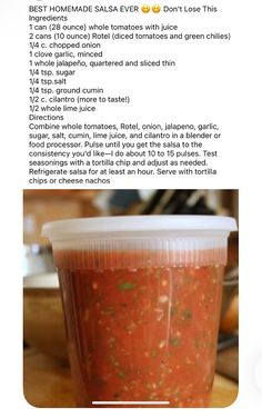 the recipe for homemade salsa in a plastic cup