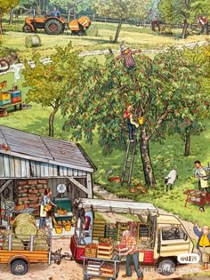 a painting of an apple orchard with people picking apples from the trees and working on their farm