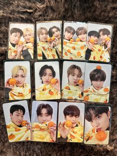 six pictures of boys with oranges in their hands on a fur surface, all showing the same person's face