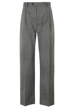 Mia pants - Canvas - Gray color - Pinstripe wool blend fabric - High waist with belt loops - Straight leg - Front darts - Side pockets - Back welt pocket with button - Front zipper and button closure - Loose fit Elegant Wide-leg Pants With Five Pockets, Elegant Wide Leg Pants With Five Pockets, Elegant Spring Pants With Five Pockets, Chic Trousers With Five Pockets, Formal Wide Leg Bottoms With Five Pockets, Formal Wide Leg Pants With Five Pockets, Elegant Business Casual Bottoms, Elegant Five Pockets Business Casual Pants, Elegant Business Casual Pants With Five Pockets