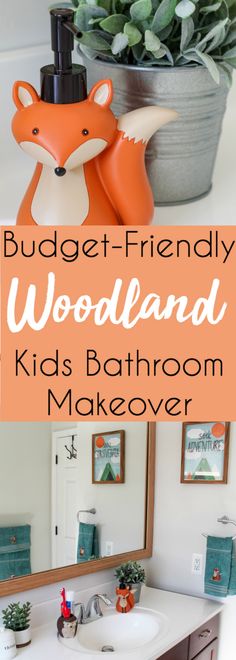 a bathroom with a sink, mirror and plants on the counter in front of it that says budget - friendly woodland kid's bathroom makeover