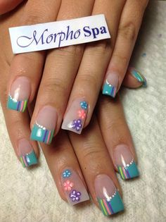 Turquesa y flores by Earla Schumacher Gel French Manicure, French Manicures, Easter Nail Art, Trendy Nail Design, Beautiful Nail Designs