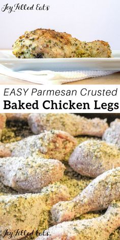 baked chicken legs with parmesan crusts on a white plate next to the recipe