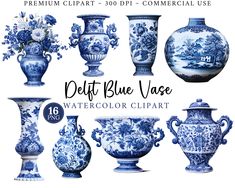 blue and white vases with flowers in them are displayed on the front of this poster