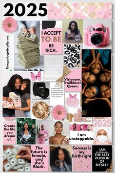 a collage of photos with words and images on it, including pink flowers, black women