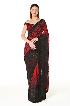 Black, red shaded saree with black sequin and thread embroidery all-over. Comes with embroidered off shoulder blouse and petticoat.
Component: 3
Pattern: Embroidery
Type Of Work: Sequin and Cutdana
Neckline: Off Shoulder
Fabric: Georgette
Color: Black,Red
Other Details: 
Sequin embroidery on the border
Off shoulder blouse with bead drops
Occasion: Wedding - Aza Fashions Shaded Saree, Designer Party Wear Saree, Goth Looks, Bollywood Bridal, Black Saree, Party Wear Saree, Sequin Embroidery, Red Saree, Saree Shopping