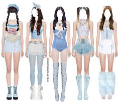 four dolls are dressed in different outfits