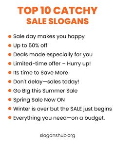 the top 10 catchy sales slogan is shown in orange and white with an orange background