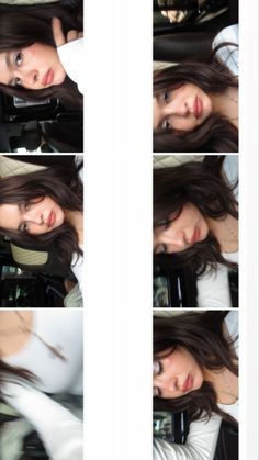 four different pictures of a woman with long brown hair and white shirt holding a cell phone to her ear