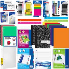 assorted school supplies including notebooks and pens