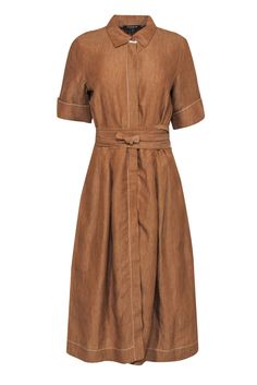 Current Boutique-Lafayette 148 - Tan Linen Button-Up Midi Dress w/ Belt Sz M Casual Brown Linen Midi Dress, Chic Brown Linen Dress For Spring, Brown Relaxed Fit Midi Dress For Spring, Casual Linen Midi Dress For Work, Linen A-line Midi Dress For Daywear, Relaxed Fit A-line Linen Midi Dress, Casual Linen Dresses For Workwear, Linen Dresses For Spring Workwear, Chic Linen Dress With Placket