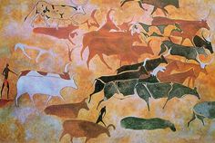 an artistic painting with animals and people on it's side, in the style of cave paintings